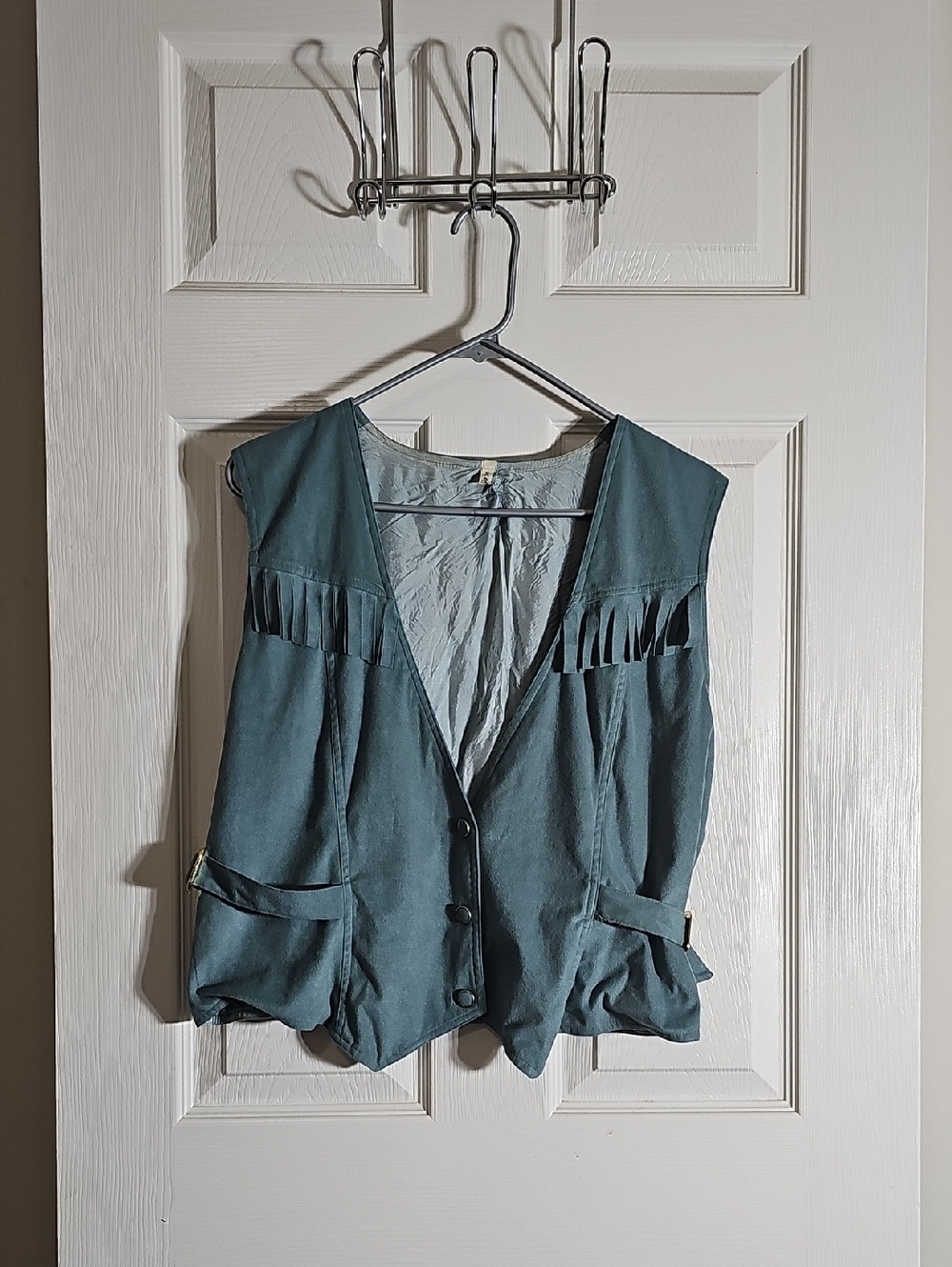 Fringe Vest Three Button Cinched Waist With Tiered Skirt Blue Green Size S - Picture 2 of 10